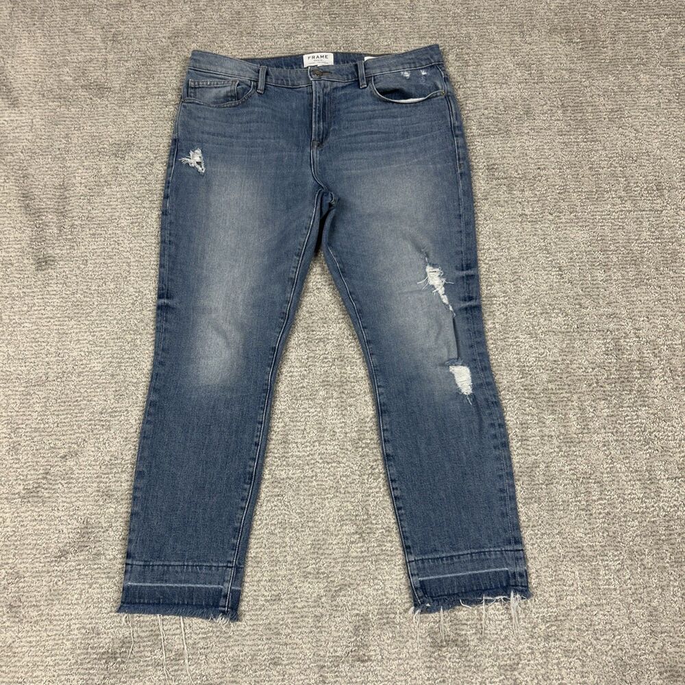 Frame Le Boy Crop Jeans Womens 31 Distressed Raw Hem Stretch Klinedale 34x27 USA